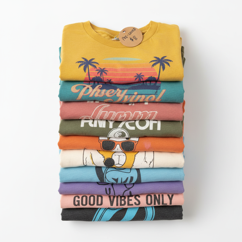 A neatly folded stack of colorful assorted graphic tees