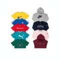 Flat lay of 5 branded t-shirts and 5 branded sweatshirts