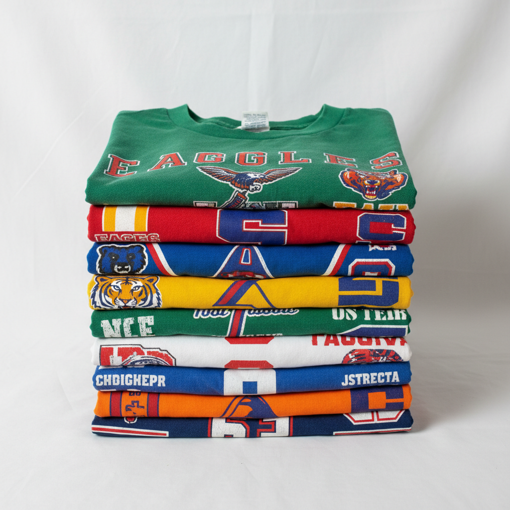 A neatly folded stack of 10 colorful athletic sports team graphic tees