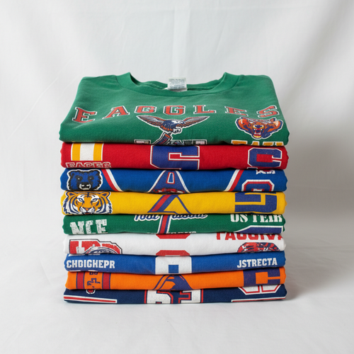 A neatly folded stack of 10 colorful athletic sports team graphic tees
