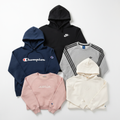Flat lay of 5 assorted branded hoodies and sweatshirts