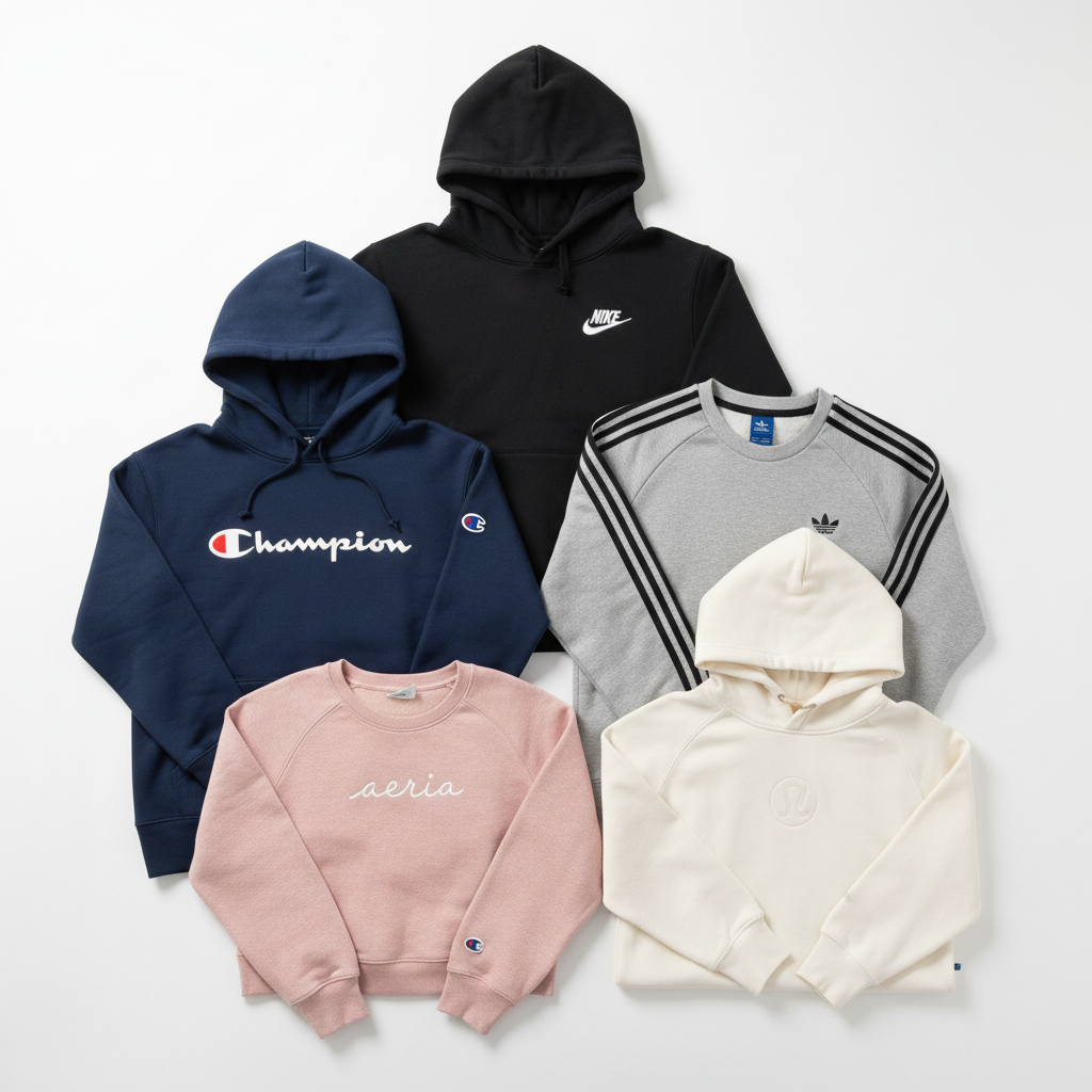 Flat lay of 5 assorted branded hoodies and sweatshirts