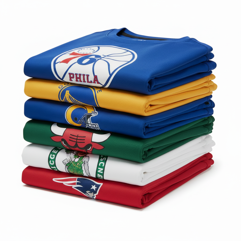 Stack shot of NBA, MLB, and NFL athletic tees