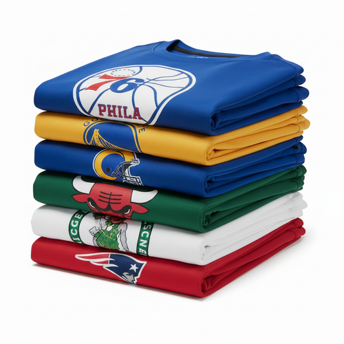 Stack shot of NBA, MLB, and NFL athletic tees