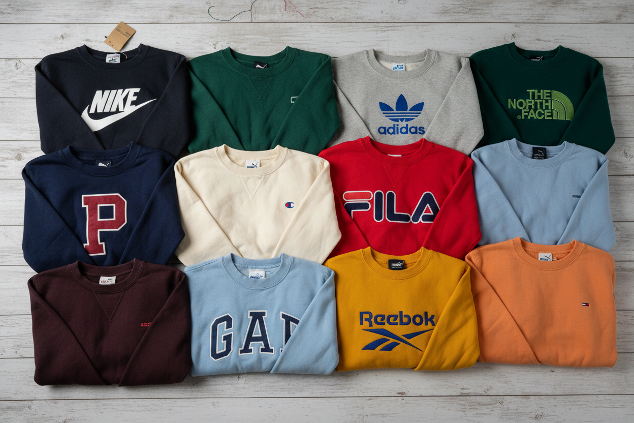 Flat lay of 10 assorted branded sweatshirts spread out on a wooden surface
