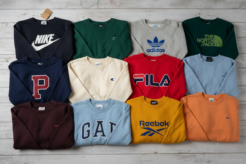 Flat lay of 10 assorted branded sweatshirts spread out on a wooden surface