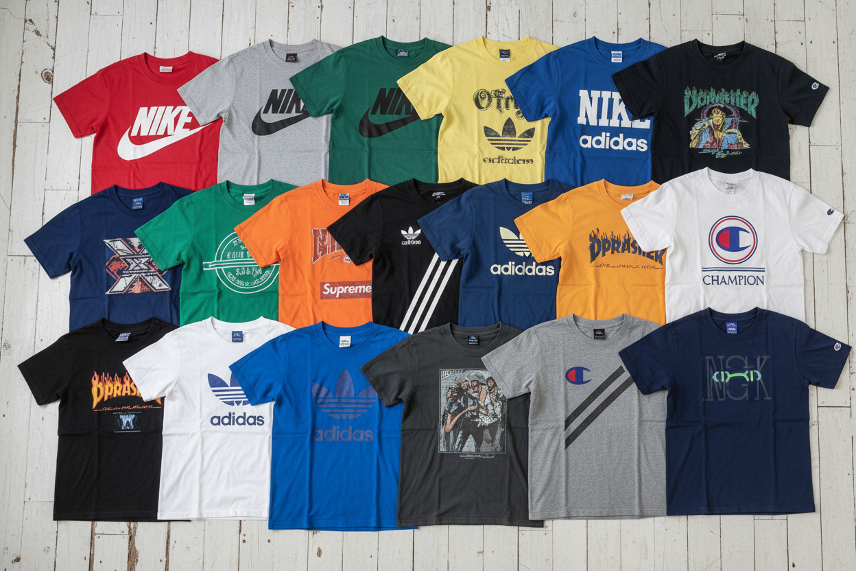 Flat lay of 20 assorted brand name t-shirts spread out on a wooden surface