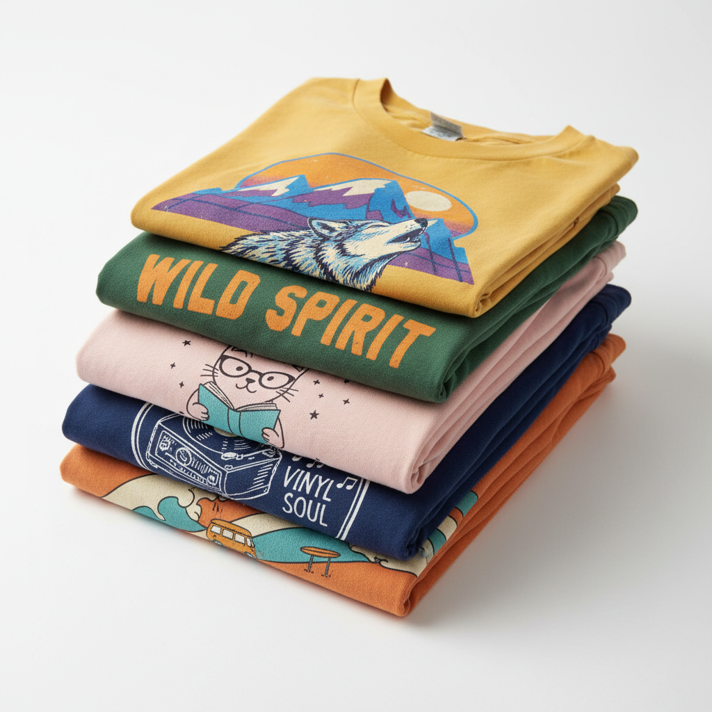 A neatly folded stack of 5 colorful assorted graphic tees